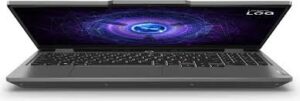 A Lenovo LOQ laptop is open, displaying a purple and blue digital swirl on the screen. The keyboard and touchpad are visible from a front-facing angle.