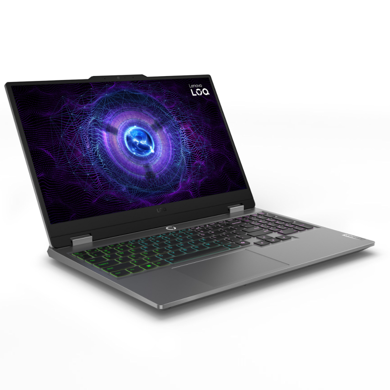 A gray Lenovo LOQ 15IAX9E laptop with a colorful lighted keyboard, open to display a screen showing a digital blue and purple abstract design.