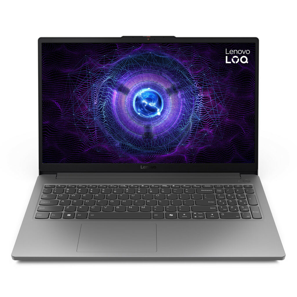 A sleek Lenovo laptop displaying a vibrant, swirling purple and blue digital graphic on the screen, showcasing modern design.