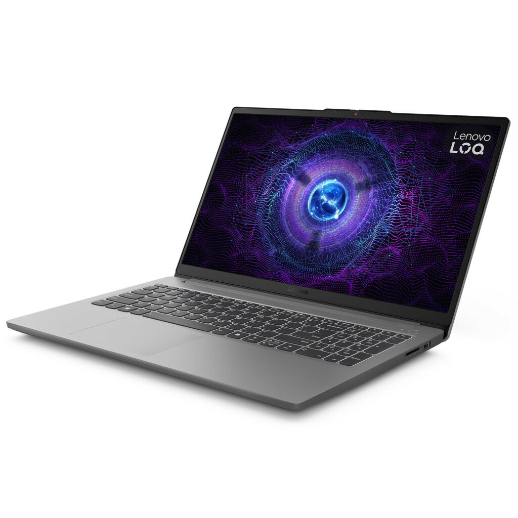A sleek Lenovo LOQ 15IAX9E laptop angled to showcase its vibrant, abstract display featuring a blue and purple digital design.