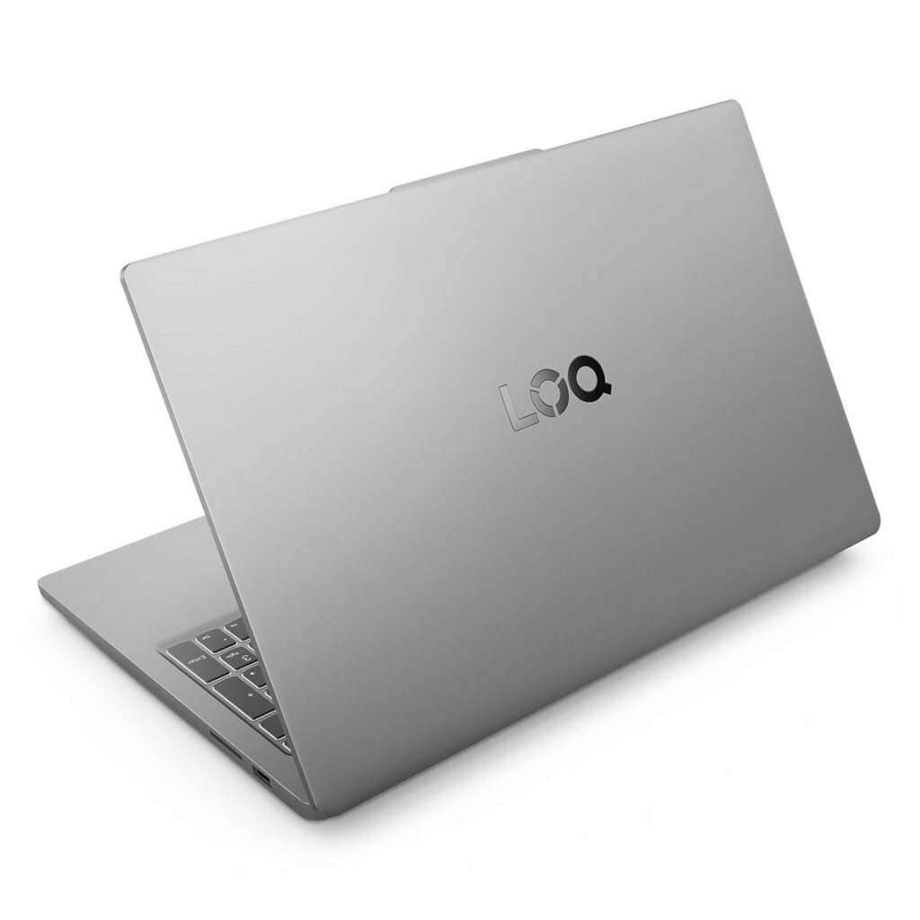 A sleek, partially open Lenovo laptop with a metallic gray finish, visible hinge vents, and the Legion logo on the back of the display. The keyboard features purple lighting.